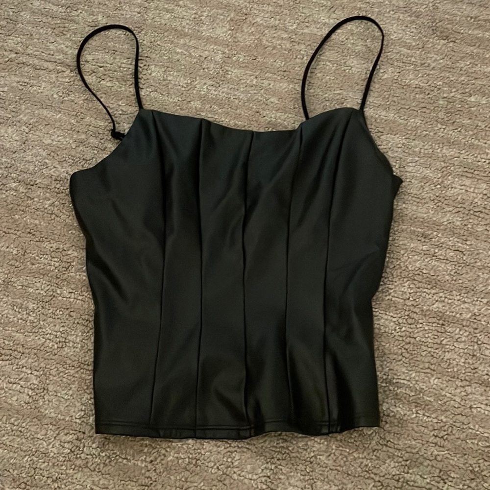 Cropped faux leather tank with lace detail on back